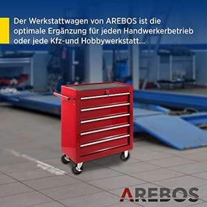 Arebos Werkstattwagen 5 Fächer | zentral abschließbar | inkl. Antirutschmatten | kugelgelagerte Schubladen | 2 Rollen mit Feststellbremse (rot) - 2