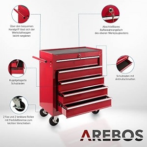 Arebos Werkstattwagen 5 Fächer | zentral abschließbar | inkl. Antirutschmatten | kugelgelagerte Schubladen | 2 Rollen mit Feststellbremse (rot) - 4