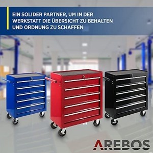 Arebos Werkstattwagen 5 Fächer | zentral abschließbar | inkl. Antirutschmatten | kugelgelagerte Schubladen | 2 Rollen mit Feststellbremse (rot) - 6