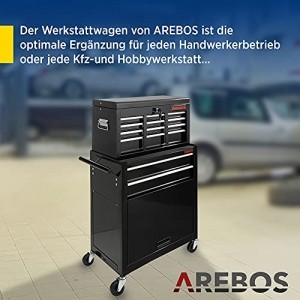 Arebos Werkstattwagen Werkzeugwagen Rollwagen 9 Fächer | Kofferaufsatz mobil & herausnehmbar | zentral abschließbar | inkl. Antirutschmatten | kugelgelagerte Schubladen | 2 Rollen mit Feststellbremse - 2