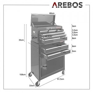 Arebos Werkstattwagen Werkzeugwagen Rollwagen 9 Fächer | Kofferaufsatz mobil & herausnehmbar | zentral abschließbar | inkl. Antirutschmatten | kugelgelagerte Schubladen | 2 Rollen mit Feststellbremse - 7