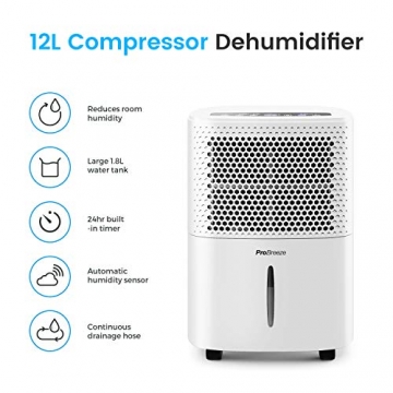 Pro Breeze Luftentfeuchter 12L in 24h Entfeuchtungsleistung - Raumgröße ca. 120m³ (~20 m²) - mit 3 Betriebsarten, Digitalanzeige, Ablaufschlauch, Timer - Gegen Feuchtigkeit, Schimmel - 3