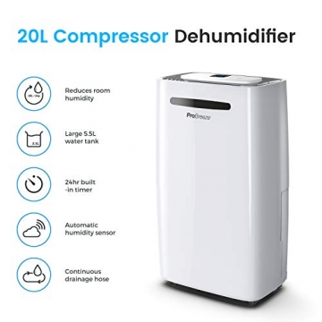 Pro Breeze Luftentfeuchter 20L in 24h Entfeuchtungsleistung - Raumgröße ca. 195m³ (~30 m²) - mit 4 Betriebsarten, Digitalanzeige, Ablaufschlauch, Wäschetrocknung, Timer - Gegen Feuchtigkeit, Schimmel - 2