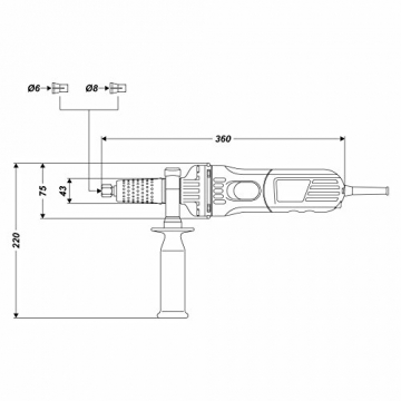 Spindelschleifmaschine 600 Watt (lang). Spannzangen Ø 6/8 mm. Spindelhals Ø 43 mm. Drehzahlstufen - 6 - 4