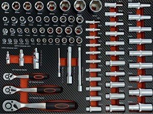 Werkzeugwagen Werkstattwagen mit 8 Schubladen davon 7 mit Werkzeug wie Schraubenschlüssel, Ratsche mit Nusskasten, Schraubendreher usw. in Soft Inlays in Carbonoptik befüllte Schubladen von Mephisto - 9