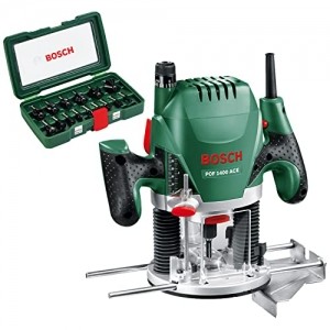 Bosch Oberfräse POF 1400 ACE (1.400 Watt, im Koffer) + Bosch 15tlg. Fräser Set (Holz, Zubehört für Oberfräsen mit 8 mm Schaft) - 1