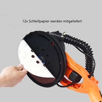 DREAMADE Trockenbauschleifer 750 W, Deckenschleifer mit 6 Geschwindigkeiten, max. 1750 U/min, Wandschleifmaschine mit Staubsammelsystem, 80 LED und Teleskopstange, inkl. 12 Schleifpapier - 6