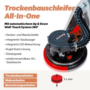 FANZTOOL 800 Watt Trockenbauschleifer mit Absaugung Giraffe Deckenschleifer – Teleskop Langhalsschleifer, LED Beleuchtung - 2