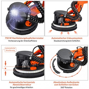 Monzana Trockenbauschleifer 750 Watt max. Drehzahl 1750 U/min 6x Ø 225 mm Schleifscheiben inkl. Absaugbeutel LED-Licht Deckenschleifer Langhalsschleifer - 5