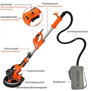 Monzana Trockenbauschleifer 750 Watt max. Drehzahl 1750 U/min 6x Ø 225 mm Schleifscheiben inkl. Absaugbeutel LED-Licht Deckenschleifer Langhalsschleifer - 6