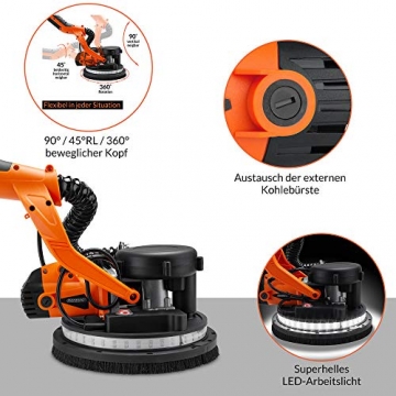 Monzana Trockenbauschleifer 750 Watt max. Drehzahl 1750 U/min 6x Ø 225 mm Schleifscheiben inkl. Absaugbeutel LED-Licht Deckenschleifer Langhalsschleifer - 8