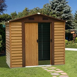 Outsunny Geräteschuppen Geräteschrank Schuppen Gerätehaus Gartenhaus Holzmaserungsimitat+Kaffee L152 x B235,7 x H208,7 cm - 2