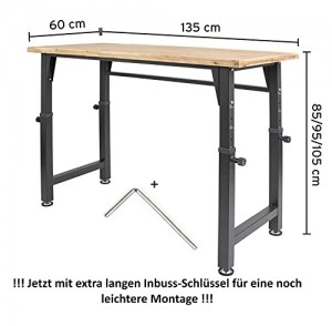 rikta höhenverstellbare Werkbank | höhenverstellbarer Arbeitstisch | ca. 135 (B) x 60 (T) x 85/95/105 (H) cm | Belastbarkeit 200 kg | FSC Holz-Arbeitsplatte - 2