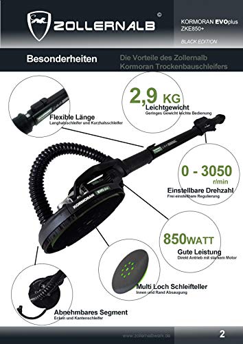 ZOLLERNALB Kormoran EVO+ 2,9kg Lang und Kurzhalsschleifer Langhalsschleifer Trockenbauschleifer Wand- Deckenschleifer Drywallsander 225mm Schleifteller 850 Watt 1300-1650mm Länge - 2