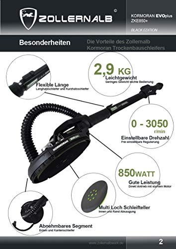 ZOLLERNALB Kormoran EVO+ 2,9kg Langhalsschleifer Trockenbauschleifer Wand- Deckenschleifer Drywallsander 225mm Schleifteller 850 Watt 1300-1650mm Länge Kurzhalsschleifer - 2