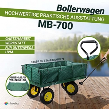 Miweba Bollerwagen MB-700 - Plane - Wände klappbar - 700 Kg Traglast - Luftreifen - Volumen 150 L - Gartenkarre - Transportwagen - Schubkarre - Gartenwagen (Grün) - 2