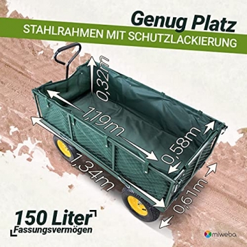 Miweba Bollerwagen MB-700 - Plane - Wände klappbar - 700 Kg Traglast - Luftreifen - Volumen 150 L - Gartenkarre - Transportwagen - Schubkarre - Gartenwagen (Grün) - 4