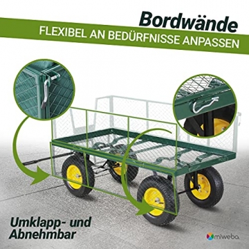 Miweba Bollerwagen MB-700 - Plane - Wände klappbar - 700 Kg Traglast - Luftreifen - Volumen 150 L - Gartenkarre - Transportwagen - Schubkarre - Gartenwagen (Grün) - 6