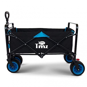 TMZ All-Terrain Faltbarer Bollerwagen mit Fußbremse, Breiter Auto-Reifen Gartenwagen, 90 L Handwagen, Praktisch Integrierte Vorderradlenkung Transportwagen Klappwagen, Last bis 120kg(Schwarz/Blau) - 2