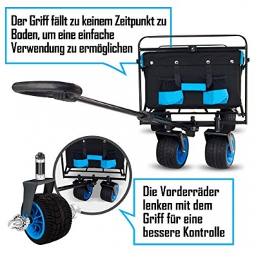 TMZ All-Terrain Faltbarer Bollerwagen mit Fußbremse, Breiter Auto-Reifen Gartenwagen, 90 L Handwagen, Praktisch Integrierte Vorderradlenkung Transportwagen Klappwagen, Last bis 120kg(Schwarz/Blau) - 3