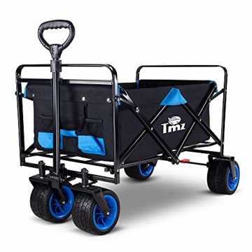 TMZ All-Terrain Faltbarer Bollerwagen mit Fußbremse, Breiter Auto-Reifen Gartenwagen, 90 L Handwagen, Praktisch Integrierte Vorderradlenkung Transportwagen Klappwagen, Last bis 120kg(Schwarz/Blau) - 1