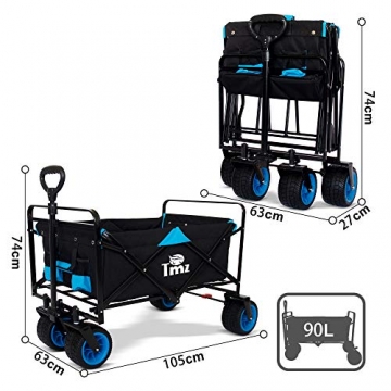 TMZ All-Terrain Faltbarer Bollerwagen mit Fußbremse, Breiter Auto-Reifen Gartenwagen, 90 L Handwagen, Praktisch Integrierte Vorderradlenkung Transportwagen Klappwagen, Last bis 120kg(Schwarz/Blau) - 7