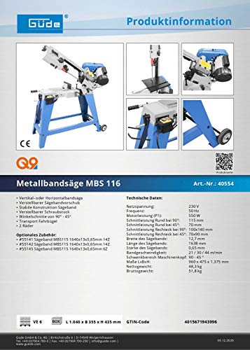 Güde Metallbandsäge MBS 116 Eisensäge Metallsäge Tischsäge elektrisch 230V 550W - 6