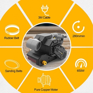 Jellas Bandschleifer (650W, Bandgeschwindigkeit 280 m/min, Schleiffläche 142x76 mm, 12-teiligen Schleifbändern und Staubbeutel, 2 in 1 Tisch-und Bandschleifer, 3m Netzkabel） - 2