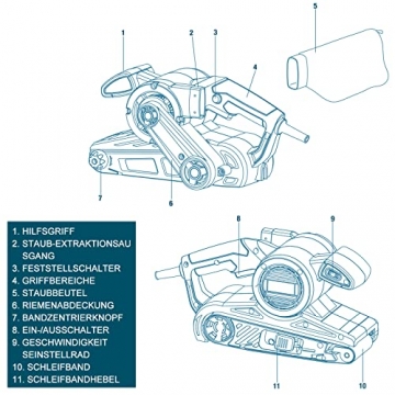 WESCO Bandschleifer, 920W Schleifer 6 Geschwindigkeiten,1 Schleifband K 80 (Schleifmaschine 76 x 533 mm), mit Staubsaugeradapter und Staubbeutel, zum Schleifen und Polieren - 2