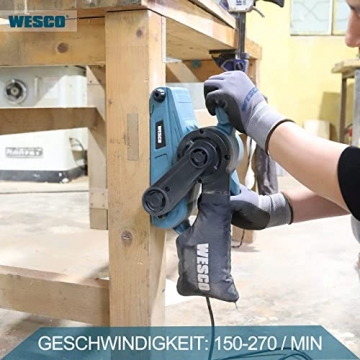 WESCO Bandschleifer, 920W Schleifer 6 Geschwindigkeiten,1 Schleifband K 80 (Schleifmaschine 76 x 533 mm), mit Staubsaugeradapter und Staubbeutel, zum Schleifen und Polieren - 8