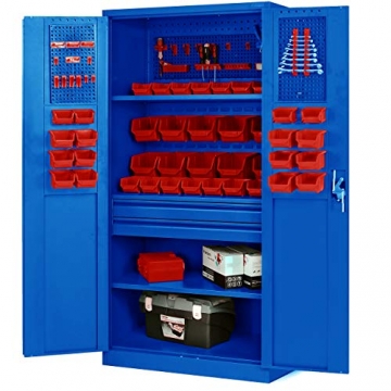 Jan Nowak Werkzeugschrank TC02AM Werkstattschrank mit Schubladen Flügeltüren Metallschrank 3 Fachböden Pulverbeschichtung 185 cm x 92 cm x 50 cm (Blue) - 1