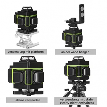 Kreuzlinienlaser Grün Selbstnivellierend Weytoll, Automatischer Selbstnivellierend 4x360° 16 Linien Vertikale und Horizontale Linie (2pcs Batterie + Hebeplattform + Fernbedienung + Clip-Halter) - 5