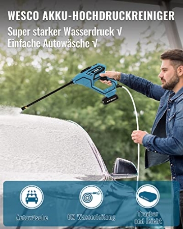 WESCO Akku-Hochdruckreiniger, 18V 2.0Ah Mobiler Hochdruckreiniger mit 5-in-1 Multi-Sprühdüse, 6M Schlauch, Verlängerungslanze, Akku, Ladegerät, Garten- und Außenreinigung - 2