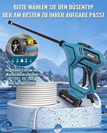 WESCO Akku-Hochdruckreiniger, 18V 2.0Ah Mobiler Hochdruckreiniger mit 5-in-1 Multi-Sprühdüse, 6M Schlauch, Verlängerungslanze, Akku, Ladegerät, Garten- und Außenreinigung - 3