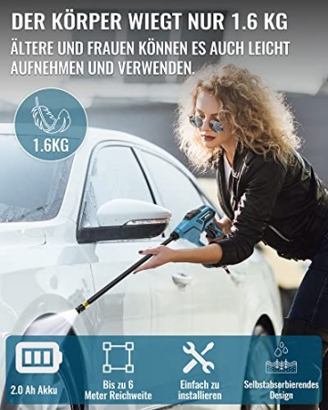 WESCO Akku-Hochdruckreiniger, 18V 2.0Ah Mobiler Hochdruckreiniger mit 5-in-1 Multi-Sprühdüse, 6M Schlauch, Verlängerungslanze, Akku, Ladegerät, Garten- und Außenreinigung - 5