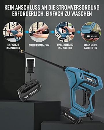 WESCO Akku-Hochdruckreiniger, 18V 2.0Ah Mobiler Hochdruckreiniger mit 5-in-1 Multi-Sprühdüse, 6M Schlauch, Verlängerungslanze, Akku, Ladegerät, Garten- und Außenreinigung - 6