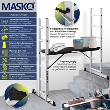 MASKO® Baugerüst Alugerüst Gerüst ✓max. Arbeitshöhe 306cm ✓ Alu ✓ Leiter ✓ Arbeitsgerüst ✓ Arbeitsbühne | bis 150 KG belastbar | Anti-Rutsch beschichtet | GS geprüft (EN 131) | Bis 150KG belastbar - 2