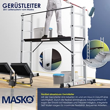 MASKO® Baugerüst Alugerüst Gerüst ✓max. Arbeitshöhe 306cm ✓ Alu ✓ Leiter ✓ Arbeitsgerüst ✓ Arbeitsbühne | bis 150 KG belastbar | Anti-Rutsch beschichtet | GS geprüft (EN 131) | Bis 150KG belastbar - 6