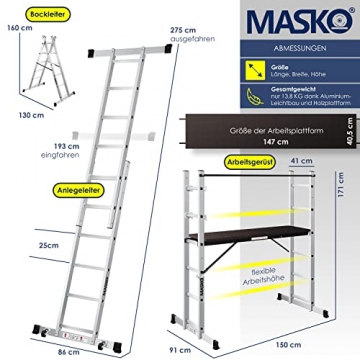 MASKO® Baugerüst Alugerüst Gerüst ✓max. Arbeitshöhe 306cm ✓ Alu ✓ Leiter ✓ Arbeitsgerüst ✓ Arbeitsbühne | bis 150 KG belastbar | Anti-Rutsch beschichtet | GS geprüft (EN 131) | Bis 150KG belastbar - 7